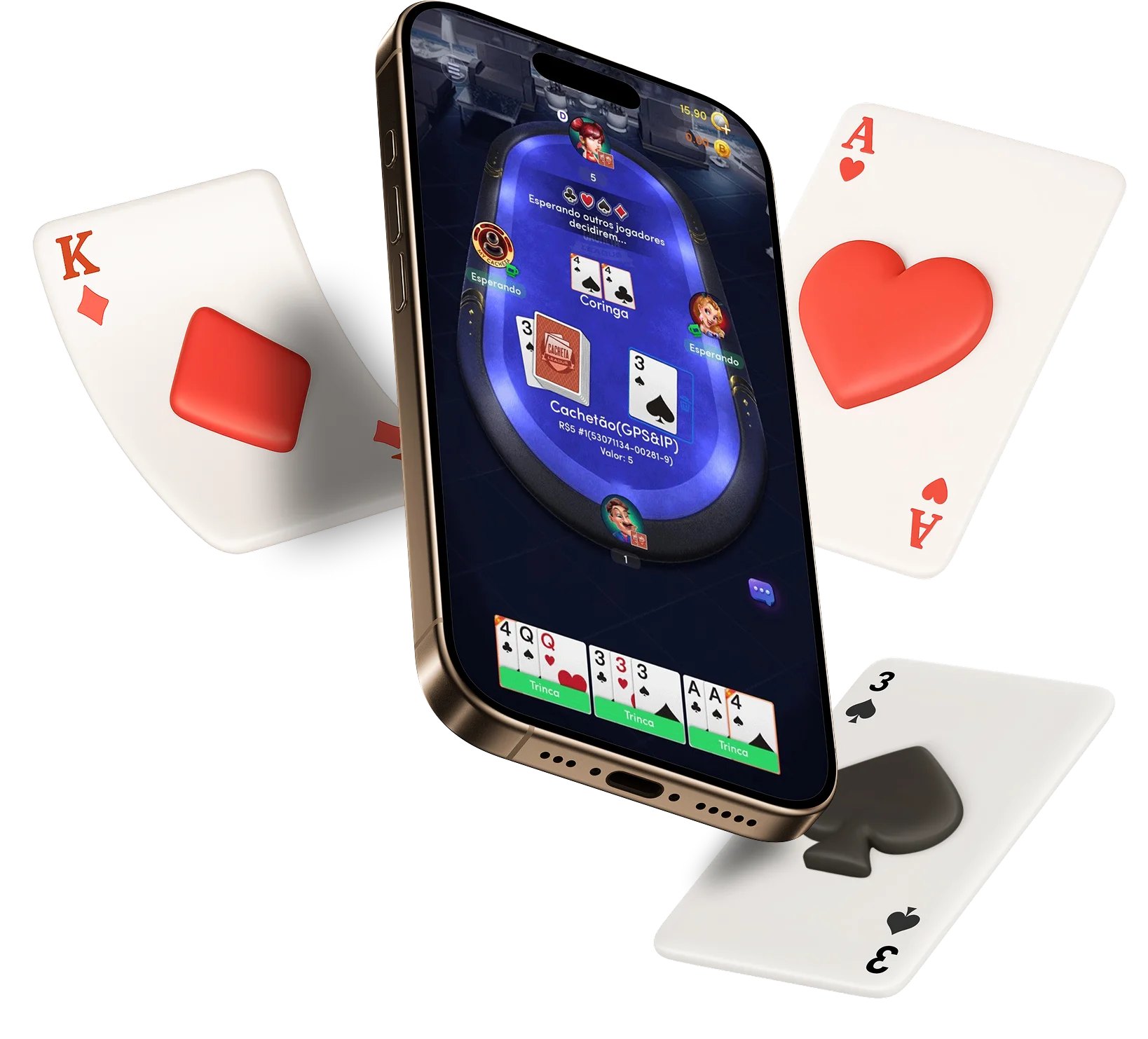 Aplicativo Cacheta League no celular mostrando jogos de Truco, Cacheta, Buraco e Tranca